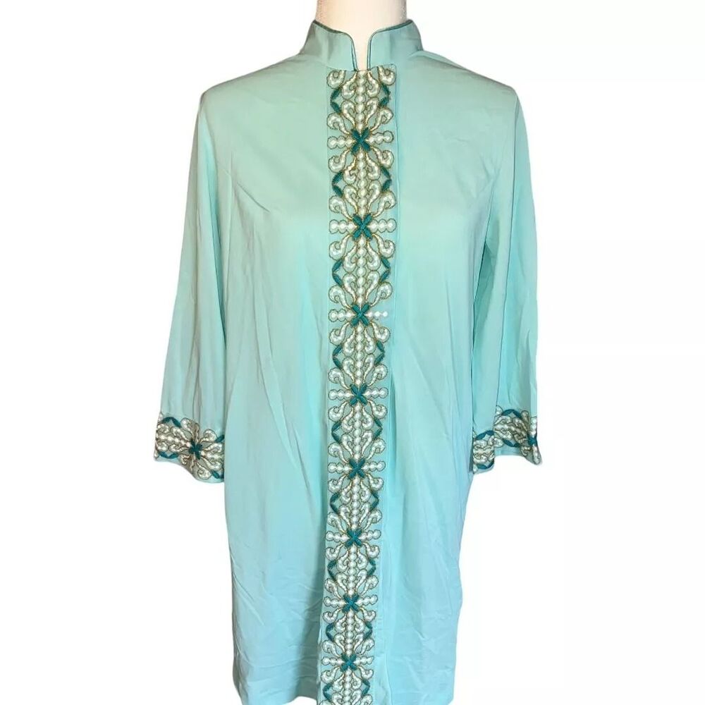 Vintage 1960s Blue Gossard Artemis Embroidered Chest House Dress Size Small